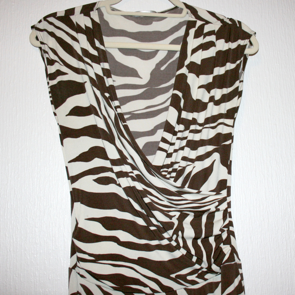 Tan & Brown Zebra Stripe Faux Wrap Dress EUC women’s size small